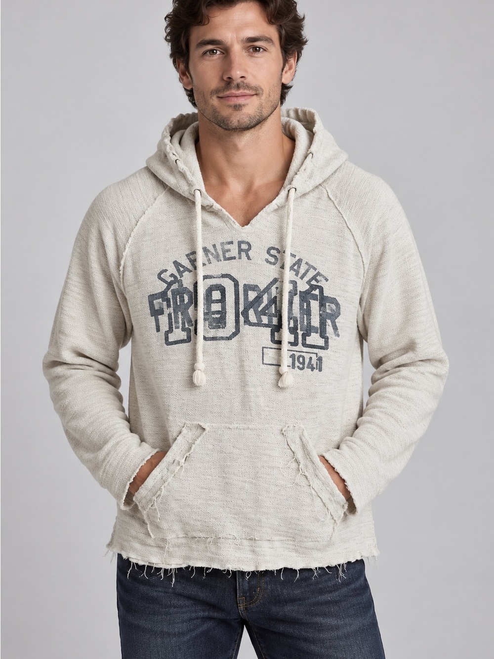 MV Sport Cream Hooded Pullover with Navy Vintage Logo